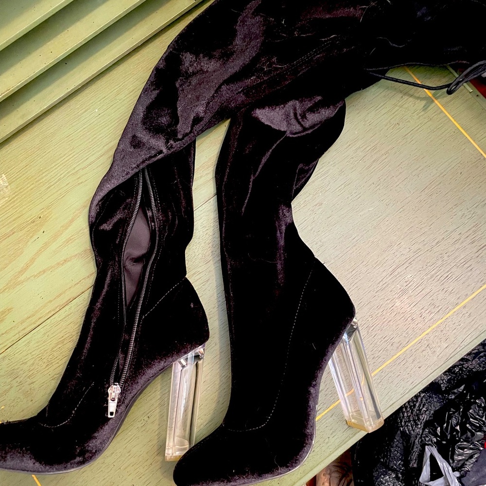 Velvet knee high clear heel